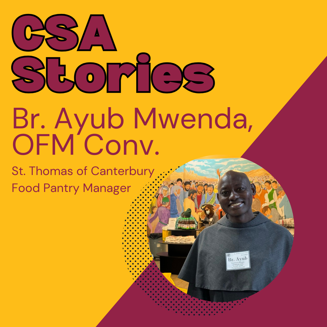 CSA Story Header for Br. Ayub Mwenda; a headshot image of him on a maroon and gold background